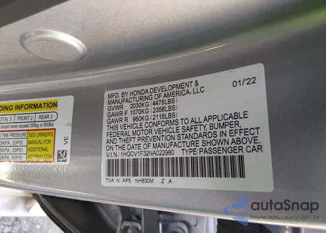 2022 Honda Accord Sport from USA, damaged, VIN 1HGCV1F32NA022980